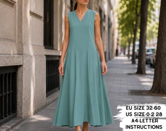 A-Line Maxi Dress Sewing Pattern, Sleeveless V-Neck Summer PDF