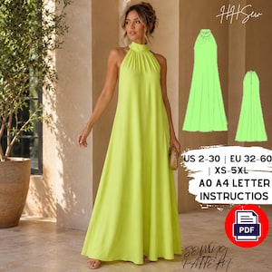 Puede incluir: Un vestido largo de color verde lima con cuello halter y silueta fluida. La imagen incluye una ilustración de patrón de costura, el texto US 2-30 | EU 32-60 | XS-5XL | A0 A4 LETTER INSTRUCTIOS y un icono de PDF de color rojo.