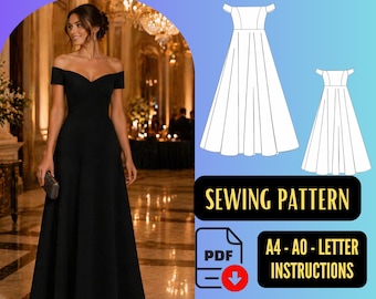 Off Shoulder Cocktail Maxi Gown Sewing Pattern | Elegant Evening Dress PDF Download
