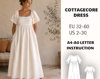 Cottagecore Puff Sleeve Midi Dress Pattern, Victorian Boho Sewing Pattern PDF