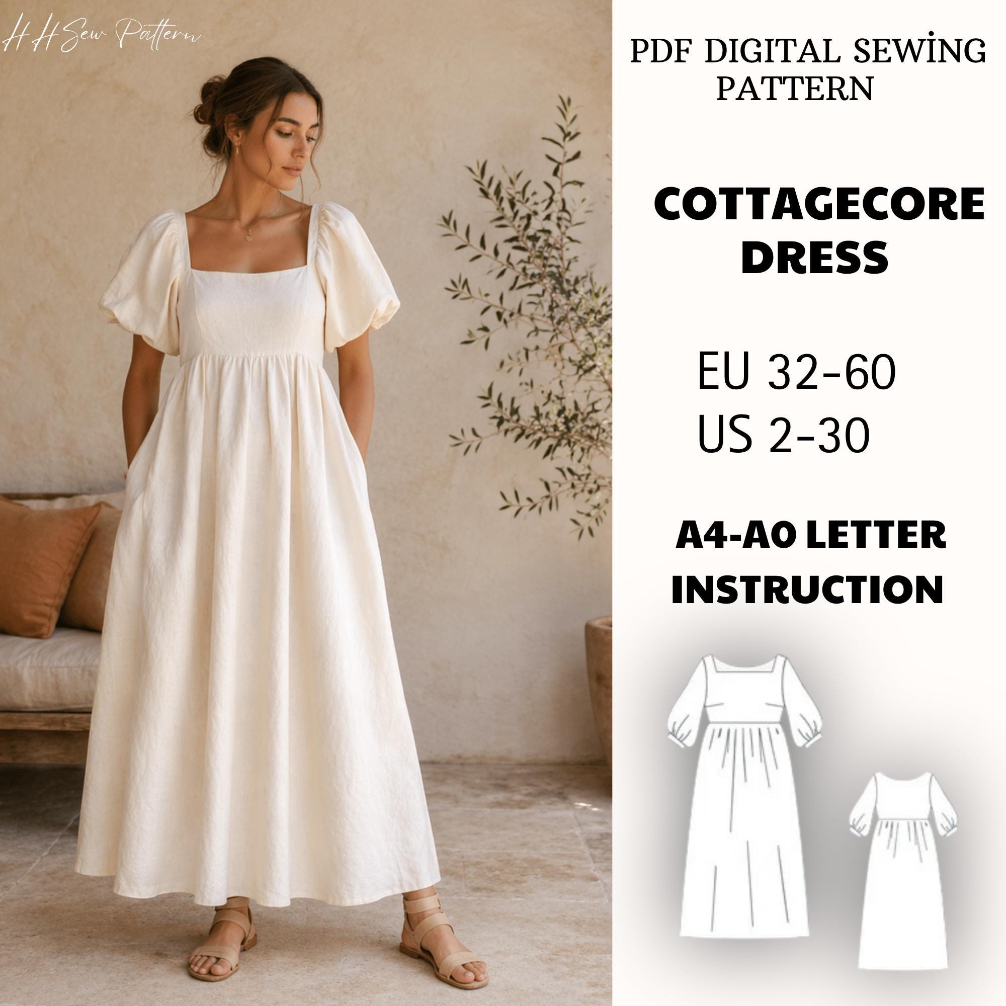 Cottagecore Puff Sleeve Midi Dress Pattern, Victorian Boho Sewing Pattern PDF
