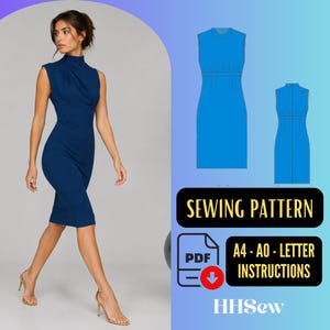 May include: A woman wearing a navy blue dress with a high neckline and cap sleeves. The image also shows a sewing pattern with the text "SEWING PATTERN", "PDF", "A4-A0-LETTER INSTRUCTIONS", and "HHSew".