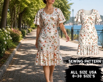 Floral Midi Dress Sewing Pattern PDF Ruffle Hem Flutter Sleeve Women