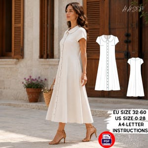 May include: A cream-colored midi dress with a Peter Pan collar, short sleeves, and a full-length button-down front. The image includes a technical line drawing of the dress, text stating EU SIZE 32-60, US SIZE 0-28, A4-LETTER INSTRUCTIONS, and a PDF icon.