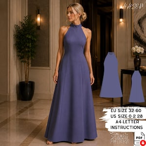 May include: A long, periwinkle-colored halter dress with a flowing skirt. The dress has a high neckline and a fitted bodice. The image also includes a pattern with sizing information: EU size 32-60, US size 0-2 28, and A4-letter instructions.
