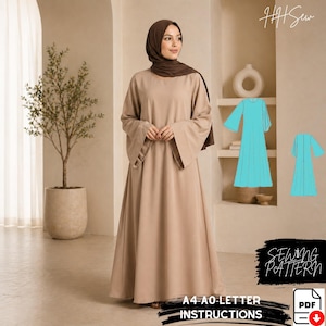 May include: A beige long-sleeved maxi dress with a round neckline and flared sleeves. The image includes a digital sewing pattern illustration in cyan, the text HH Sew, and a black graphic with the text SEWING PATTERN A4-A0-LETTER INSTRUCTIONS.