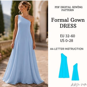 One Shoulder Maxi Dress Sewing Pattern PDF Elegant Formal Gown