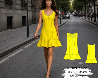 Mini Ruffle Dress PDF Pattern, Sleeveless Fit and Flare Sewing Template