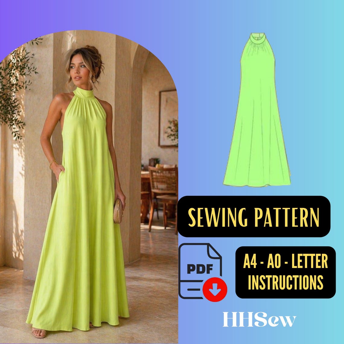 Halter Neck Maxi Summer Dress Sewing Pattern (PDF Pattern) - Etsy