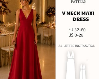 V Neck Maxi Dress Sewing Pattern PDF Elegant Evening Gown