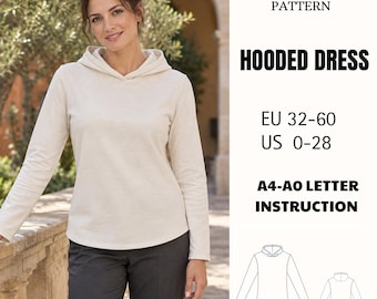 Hooded Top Sewing Pattern PDF Long Sleeve Casual Hoodie Pullover Womens Top