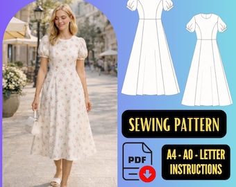Cottagecore Puff Sleeve Midi Dress Pattern PDF  Easy Sewing Tutorial