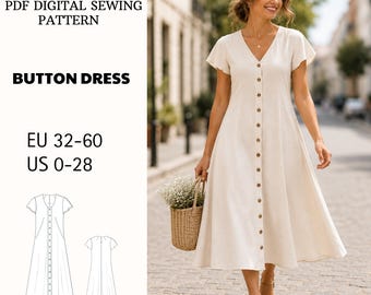 Button Front Summer Dress Sewing Pattern PDF V Neck Midi Dress