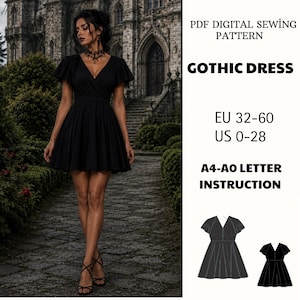 May include: A PDF digital sewing pattern for a black dress with flutter sleeves and a V-neckline. The text reads: PDF DIGITAL SEWING PATTERN, GOTHIC DRESS, EU 32-60, US 0-28, A4-A0 LETTER INSTRUCTION. Includes a technical line drawing of the dress.