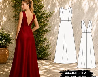 Backless Maxi Dress Sewing Pattern PDF Elegant A Line Evening Gown