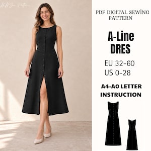 Könnte beinhalten: Ein schwarzes ärmelloses A-Linien-Kleid mit durchgehender Knopfleiste vorne und hohem Ausschnitt. Das digitale Schnittmuster enthält den Text PDF DIGITAL SEWING PATTERN, A-LINE DRESS, EU 32-60, US 0-28 und A4-A0 LETTER INSTRUCTION mit Skizzen.
