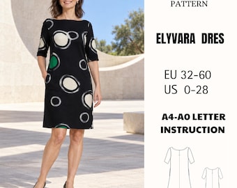 Above Knee Shift Dress Sewing Pattern PDF Boat Neck Elbow Sleeve A Line Pockets