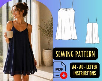Flowy Mini Dress Pattern, Spaghetti Strap Summer Dress PDF