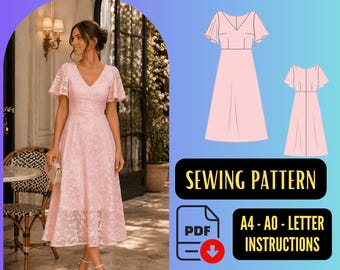 V-Neck Midi Evening Dress PDF Sewing Pattern, Cocktail Bridal Style