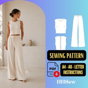Könnte beinhalten: Eine Frau trägt ein cremefarbenes ärmelloses Oberteil und eine Hose mit weitem Bein. Das Bild zeigt auch eine Schnittmustergrafik mit dem Text "SEWING PATTERN", "A4 - A0 - LETTER INSTRUCTIONS" und "HHSew".