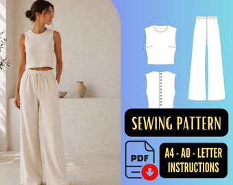 Linen Crop Top and Palazzo Pants Pattern, Summer Set PDF