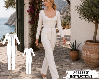Bridal Jumpsuit PDF Pattern, Long Sleeve Wedding Jumpsuit Sewing Template