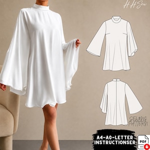 High Neck Fledermaus Mini Kleid Schnittmuster PDF Loose Fit Zelt Kleid, Casual Outfit