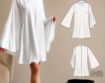High Neck Batwing Mini Dress Sewing Pattern PDF Loose Fit Tent Dress, Casual Outfit
