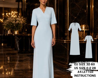 Formal Maxi Dress PDF Pattern, V Neck Evening Gown Sewing Template