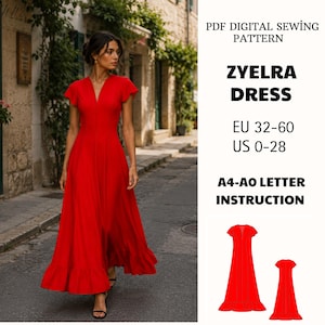 Puede incluir: Un patrón de costura digital en PDF para el vestido Zyelra, con tallas EU 32-60 y US 0-28. La imagen muestra un vestido largo de color rojo con mangas cortas tipo volante, escote en V y dobladillo con volantes, junto al texto de instrucciones A4-A0.