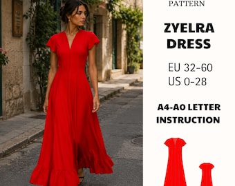 Maxi Ruffle Dress PDF Pattern, V Neck Evening Gown Sewing Template