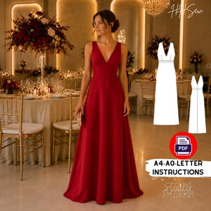 Può includere: Un abito lungo senza maniche rosso scuro con scollo a V, corpetto aderente e gonna svasata. L'immagine include un disegno tecnico bianco dell'abito, un'icona PDF e il testo A4-A0-LETTER INSTRUCTIONS.