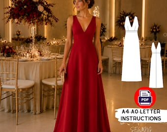 V Neck Maxi Dress Sewing Pattern PDF Elegant Evening Gown