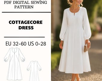 Cottagecore Midi Dress Sewing Pattern PDF Long Sleeve Modest Dress