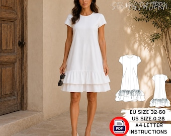 Ruffle Hem Dress Sewing Pattern PDF, Short Sleeve Mini Dress