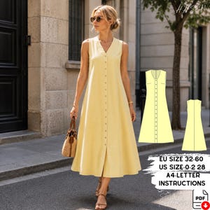 May include: A sleeveless, button-down, pale yellow dress with a V-neck. The dress is knee-length and worn by a person. The image also includes a sewing pattern and text that reads "EU SIZE 32-60 US SIZE 0-2 28 A4-LETTER INSTRUCTIONS".