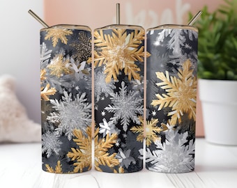 Black and Gold Snowflake Tumbler or Water Bottle