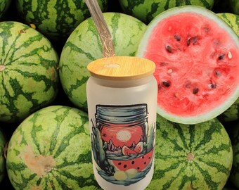 Clear or Frosted Glass 16 oz Cup with Bamboo Lid and Straw- Watermelon Design