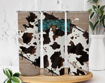 Cow Print Burlap Tumbler or Water Bottle