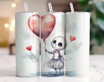 Valentines Day Skeleton with Heart Balloon Tumbler or Water Bottle