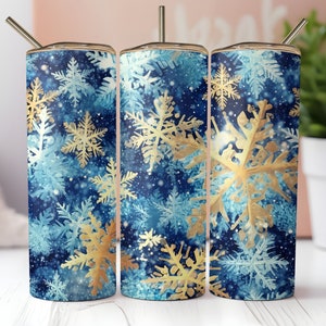 Blue and Gold Snowflake Tumbler or Water Bottle