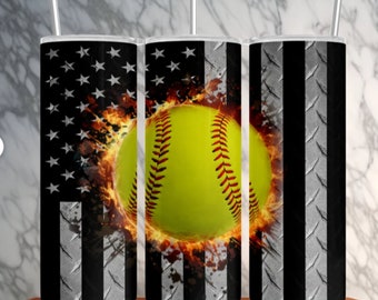 Softball and Flag Tumbler or Water Bottle