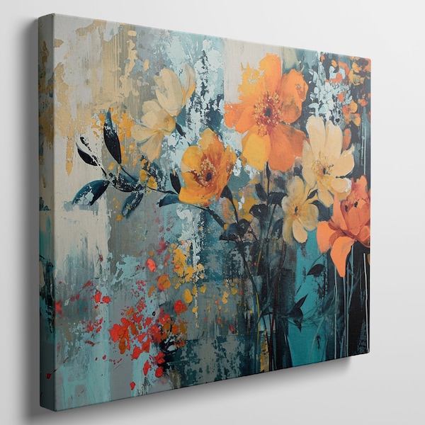 Ready to Hang Canvas Print of Abstract Florals with Vibrant Orange and Yellow Blooms on Teal Backdrop