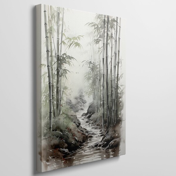 Ready to Hang Canvas Print, Tranquil Bamboo Forest Stream, Oriental Watercolour Artwork