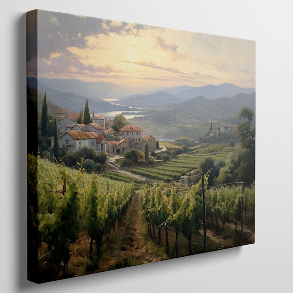 Sunset Over Tuscan Vineyards - Idyllic Countryside Landscape, Framed Canvas for Rustic Home Decor