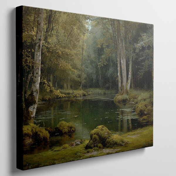 Ready to Hang Canvas Print of Peaceful Forest Lake, Serene Nature Wall Art with Reflective Water Detail