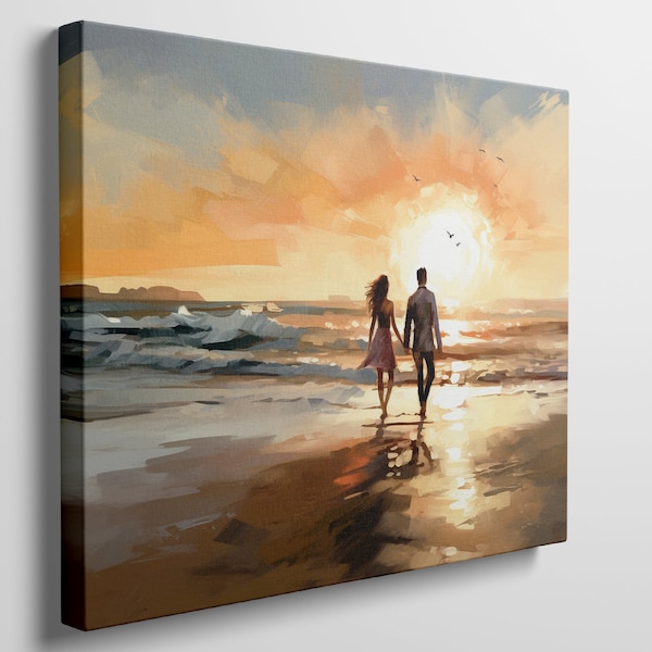 Ready to Hang Canvas Print of Couple Walking on Beach at Sunset - Romantic Seaside Wall Art
