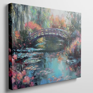 Vibrant Landscape Canvas Print: Colorful Bridge & Lily Pond Scene