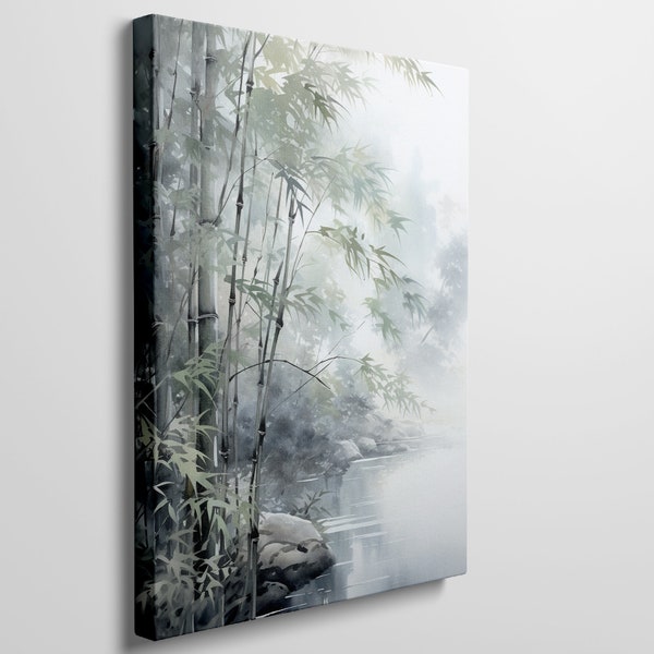 Serene Bamboo Grove by Misty Waters - Ethereal Nature Scene Canvas Art Perfect for Home Decor