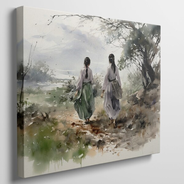 Canvas Wall Art Print of Traditional Figures Strolling Along a Pastoral Pathway